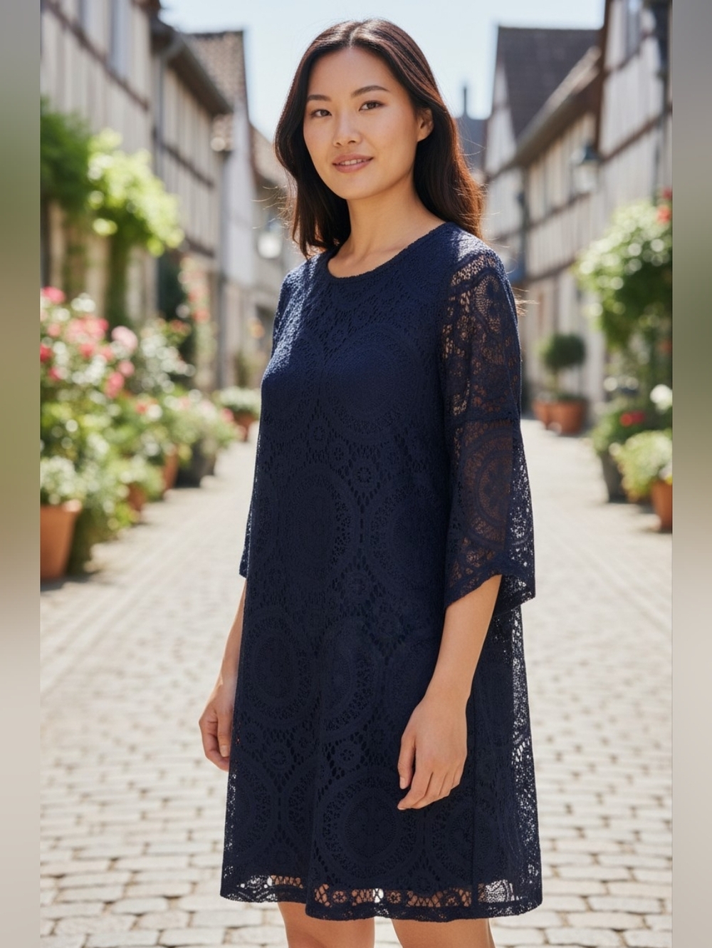 Tacera Navy Blue Medallion Lace Shift Dress - 3/4 Flutter Sleeve
